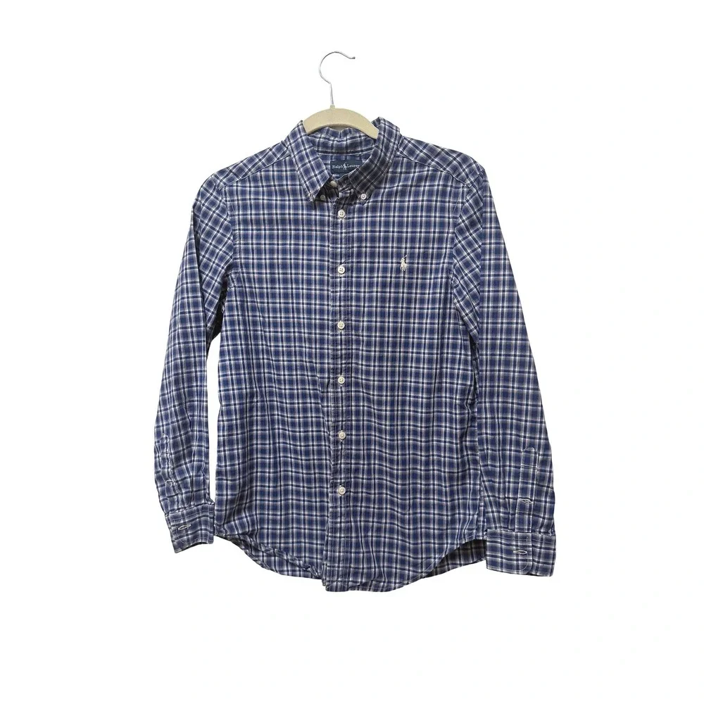Ralph Lauren Boys Blue White Plaid Button Down Shirt Size L 14-16 Cotton Pony